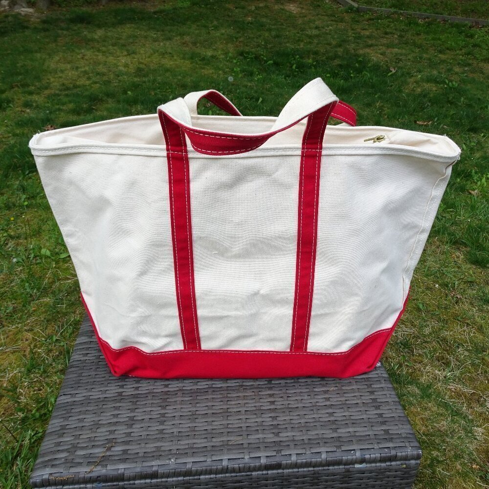 Vintage 90s LL Bean Boat Tote Bag Canvas Short Handles Red Jumbo XL 26"x16 Zip